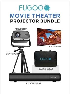 Fugue Outdoor/Indoor Projector & Soundbar Bundle with Tripod & Foldable Screen